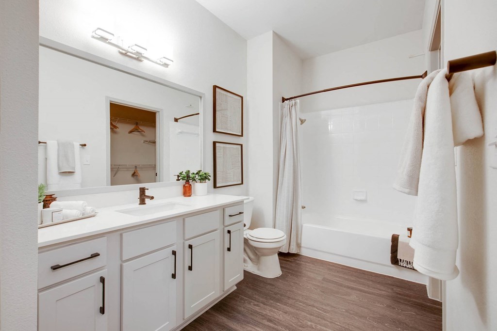 a bathroom with a sink and a toilet and a shower at The Olivine, Austin, TX